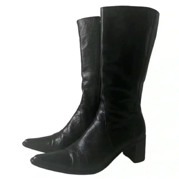 LEATHER BELOW KNEE BLACK HEELED BOOTS ZIPPER CLOSURE BLOCK  HEELS  SIZE 36 - Picture 12 of 12